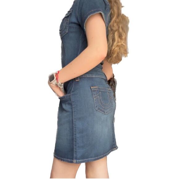 True Religion Western Distressed Jeans Denim Dress Size 4 Coastal Cowgirl EUC - Picture 1 of 11